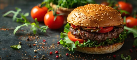 Hamburger with tomatoes and lettuce on black surface