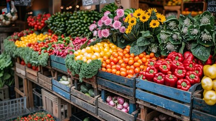 A vibrant display of fresh and colorful vegetables, including peppers, tomatoes, and leafy greens, arranged neatly in wooden crates at a bustling farmers' market
