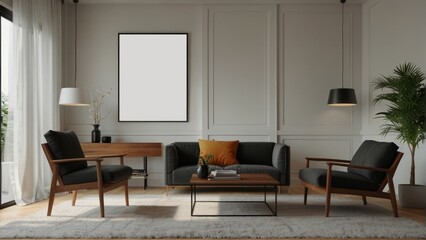 minimal interior design concept of living room and black chairs and one blank poster frame