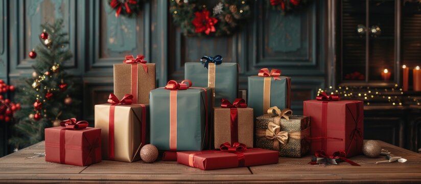 An assortment of festive Christmas presents of various sizes sitting on top of a wooden table, ready for gifting.
