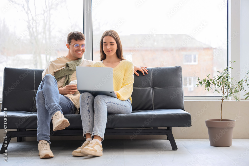 Poster couple of programmers working with laptop on couch in office