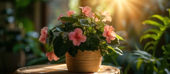 Pink flower potted plant on wooden table