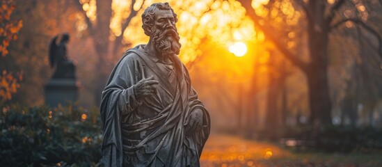 Majestic statue of man in park at sunset