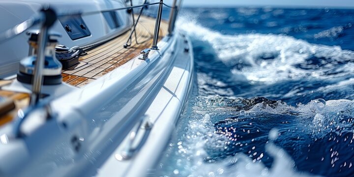 A close-up view of the side of a sailing yacht cutting through the deep blue ocean waves with the sun shining brightly and the horizon in sight