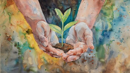 Hands holding a green sprout, a watercolor painting for eco-friendly and sustainability projects