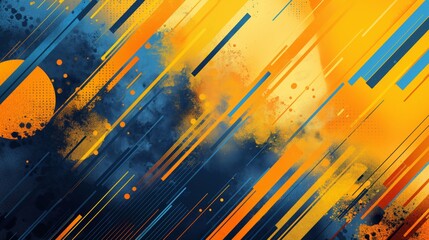 A colorful abstract painting with orange and blue stripes. The painting has a sense of movement and energy, with the orange and blue colors blending together to create a dynamic and vibrant scene