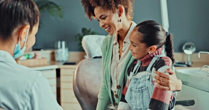 Dentist, mother and child with doctor in clinic for consultation on medical advice hygiene for dental care or cleaning. Happy, people and orthodontics for teeth whitening or braces with treatment
