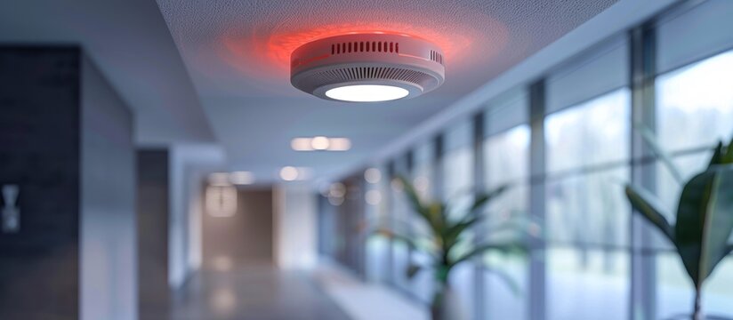 Modern ceiling mounted smoke detector in a bright office hallway during daytime