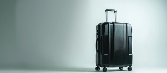 A modern black luggage piece is placed on a clean white floor, ready for travel or storage.