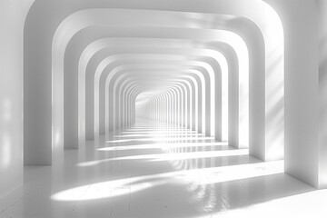 Naklejka premium A long, narrow hallway with white walls and a white ceiling. The hallway is empty and the only light source is coming from the sun. The hallway appears to be a part of a building or a large room