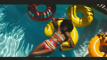 African American woman relaxing on an inflatable pool float in a vibrant striped swimsuit on a sunny day.