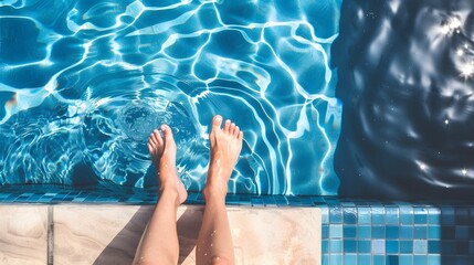 A person's feet dangling in the clear blue water of a swimming pool on a sunny day, creating a relaxing and serene atmosphere. - Powered by Adobe