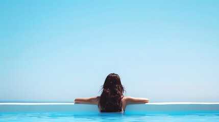A woman relaxes in an infinity pool overlooking the serene, clear blue sky, capturing the essence of tranquility and summer vacation.