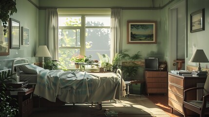 Hospital room with a bed and sunlight shining through the window