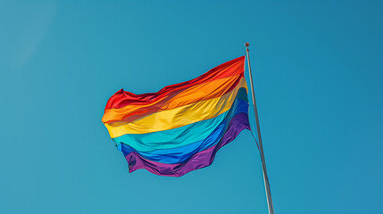 a rainbow flag fluttering gracefully against a bright blue sky, symbolizing LGBTQ pride and inclusivity, with ample empty space for text