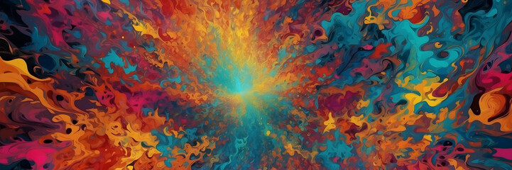 An array of vibrant colors converge at a central point in this abstract digital illustration, resembling a colorful explosion