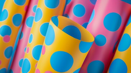 Colorful Wrapping Paper with Bright Polka Dot Patterns in Yellow and Pink