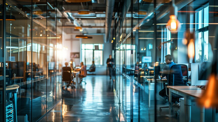 Modern office space with professionals working at desks, featuring a sleek, open design with glass walls and dynamic movement. The high-tech environment emphasizes productivity and innovation