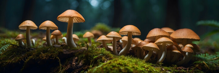 A captivating image featuring a group of small golden mushrooms illuminated by a soft light in a dark, enchanting forest, conveying a sense of wonder