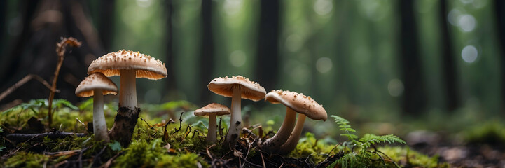 This is an enchanting scene of a cluster of mushrooms sprouting among the forest foliage with soft natural lighting