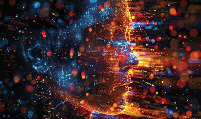 illustration of a human face composed of vibrant and mosaic-like digital pixels, set against a backdrop of glowing digital data streams