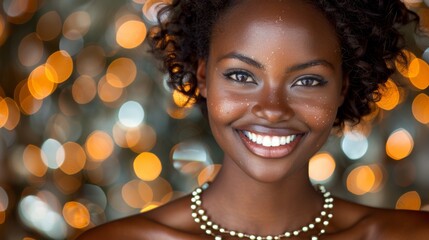 A beautiful smiling woman with a glowing complexion poses in front of a bokeh light background, showcasing her jewelry and natural beauty