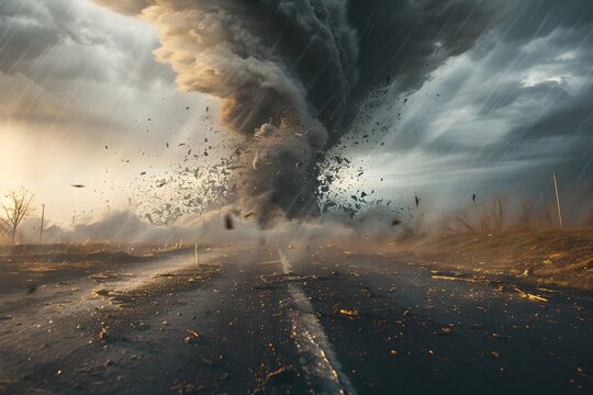 Tornado on road under a stormy sky. Natural disaster, cataclysm concept. Cyclone, hurricane, storm. Climate change. Design for banner, wallpaper