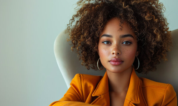 Stylish African American Woman in Orange Blazer Sitting on Chair, Serene Daytime Indoor Portrait, Concept of Confidence and Modern Fashion