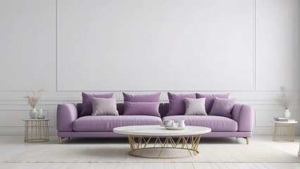 violet sofa and white pillows against empty white wall background. Minimalist style home