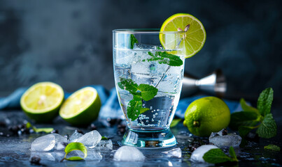 Fototapeta premium Refreshing Gin and Tonic with Ice, Mint, and Lime Wedges on a Cool Grey Background - Perfect Summer Cocktail Concept
