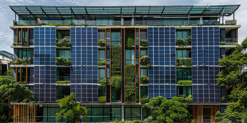 Modern sustainable building with solar panels, vertical garden with green plants.