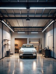 White Car Parked in Spacious Garage. Generative AI