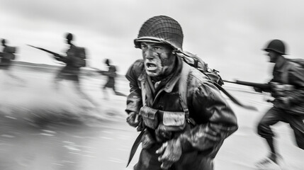 A U.S. Marine lands and runs onto a beach under enemy fire.
