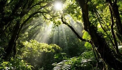 Sunlight filtering through dense foliage in a rainforest