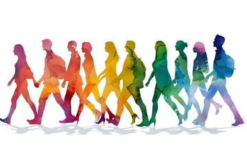 Colorful silhouette of people walking together in row, watercolor illustration. Queue united in equality, inclusive, respect of all individuals