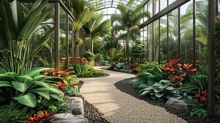 Tropical botanical garden with a variety of exotic plants, flowers, and a greenhouse