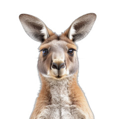 A kangaroo stands in a grassy outback environment, its powerful hind legs and muscular tail visible. The animal gazes alertly towards the camera, with blue skies in the backdrop.
