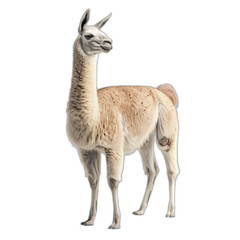 Fototapeta premium Close-up of a llama captured in high-resolution photography; the texture of its fur and sharpness of detail are enhanced by the natural lighting and backdrop of a mountainous landscape.