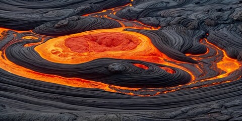 river of molten lava flows across a barren landscape, its orange and red glow contrasting with the black lava around it.