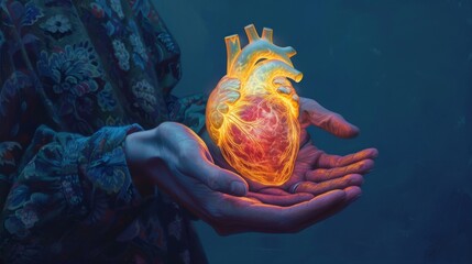 Man holding a glowing red heart in his hands against a sunset backdrop for love and charity themed designs