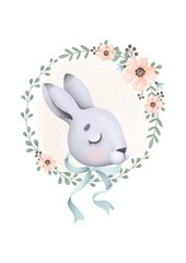 Watercolor digital illustration of a plush bunny portrait with a bow on a floral background in pastel tones. Image for printing on finished products.