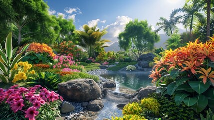 Tropical garden with a variety of exotic plants, colorful flowers, and a small pond