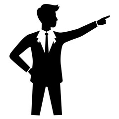  a high-resolution vector art illustration of a business man's silhouette pointing in a specific direction with his hand. The silhouette should be in black color against a white background.