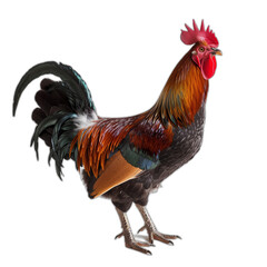 Fototapeta premium A vibrant rooster with stunning plumage stands proudly, displaying its multicolored feathers. The background features a sunrise over a rustic farm, emphasizing the roosters majestic presence.