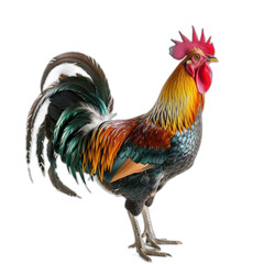 A vibrant rooster stands proudly with multicolored feathers, including red, orange, and green hues, against a rustic farm background, showcasing its majestic plumage and striking presence.