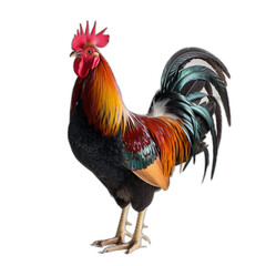 Fototapeta premium A vibrant rooster with colorful plumage stands proudly, showcasing its dominant red comb and striking feathers. The background is a serene farmyard, filled with greenery and rustic charm.