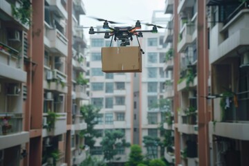 In an advanced city, a drone efficiently delivers a package, showcasing futuristic urban delivery services. This highlights technological innovation and efficiency in modern transportation
