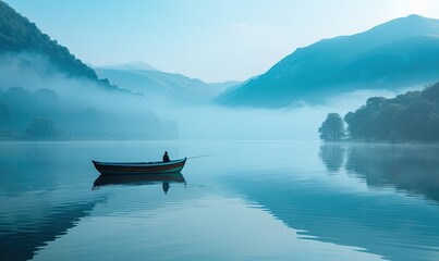 A small fishing boat on a foggy lake at dusk, with a lone fisherman