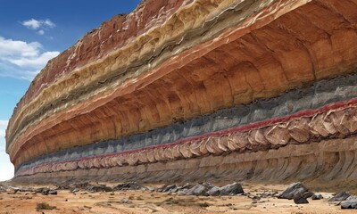 massive rock formation sits in the desert, showcasing its multicolored layers.