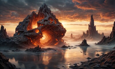 mountain of rock with a fiery core sits on a body of water. The sky is filled with dark clouds and the sun is setting.